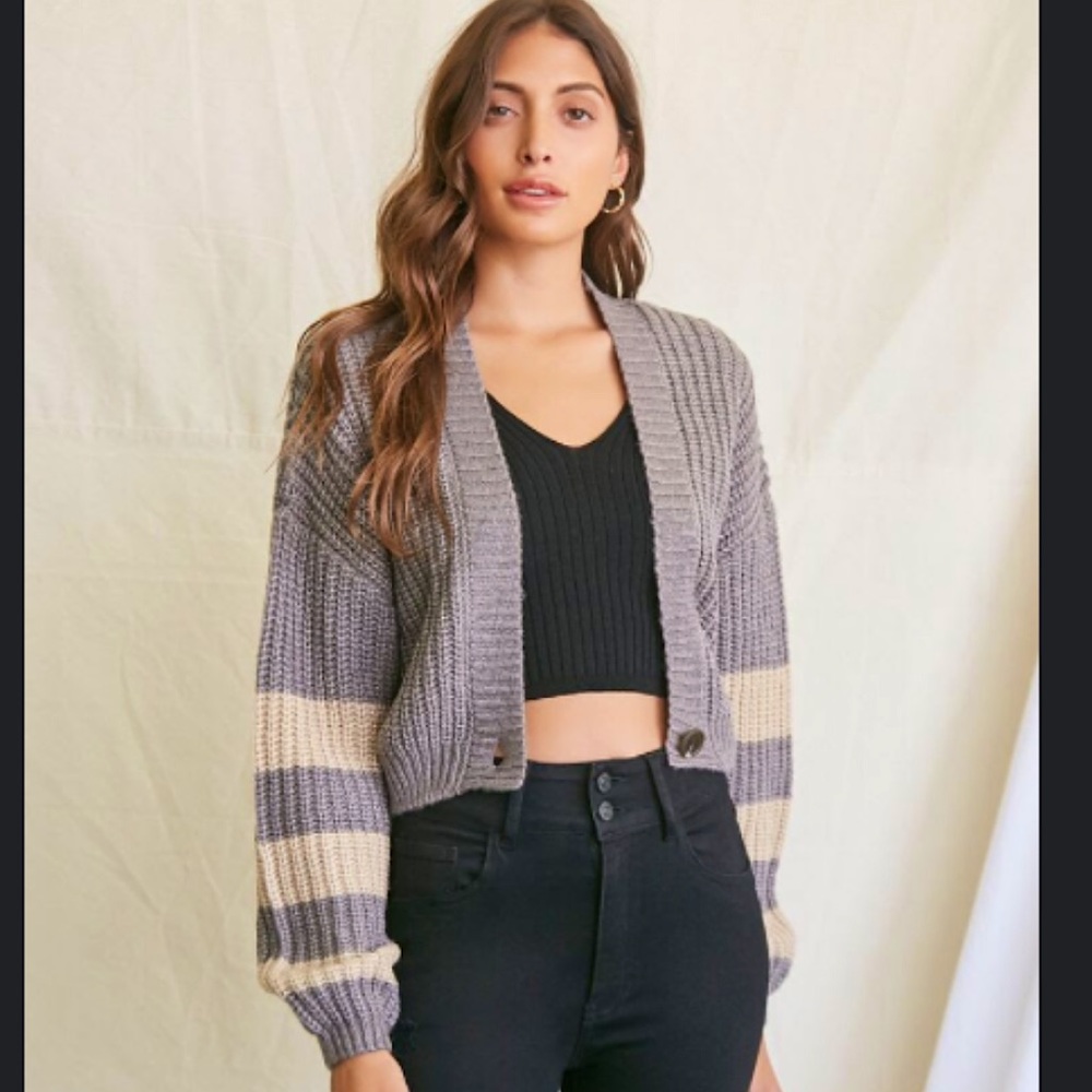Forever 21 | Striped-Trim Cardigan Sweater | Grey & Cream